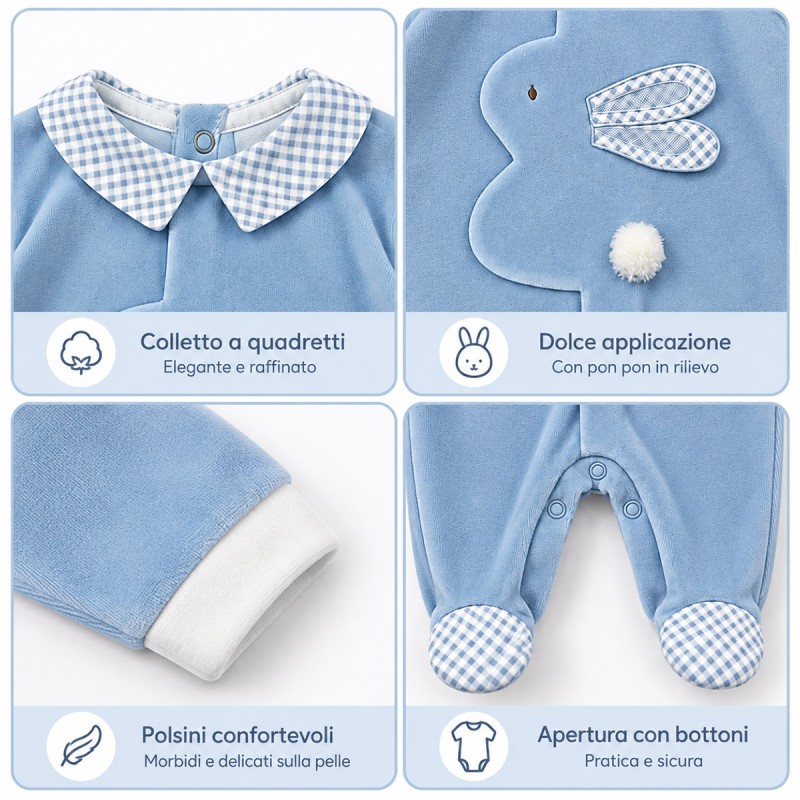 Baby velour romper with bunny by Le Chicche TU9250 worn by a newborn baby
