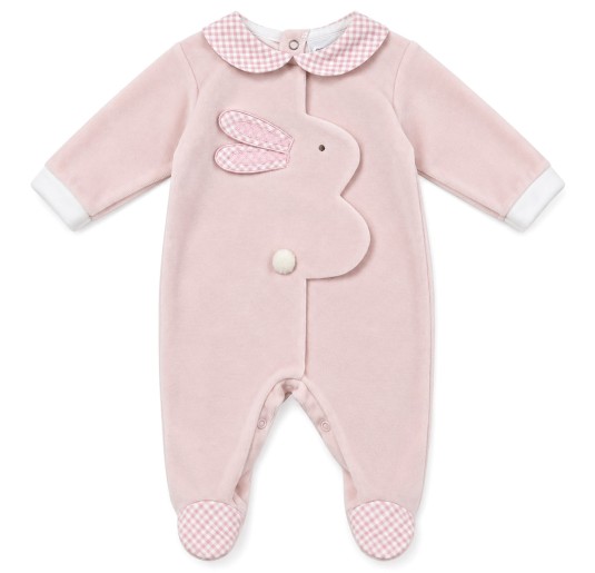 Pink velour baby girl sleepsuit with central bunny appliqué and check details