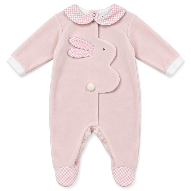 Tutina neonata in ciniglia rosa con coniglietto centrale e dettagli check