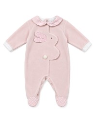 Pink velour baby girl sleepsuit with central bunny appliqué and check details