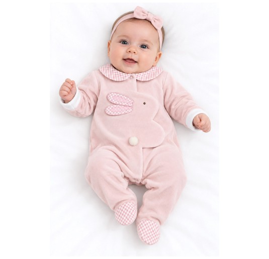 Pink velour baby girl sleepsuit with central bunny appliqué and check details 2