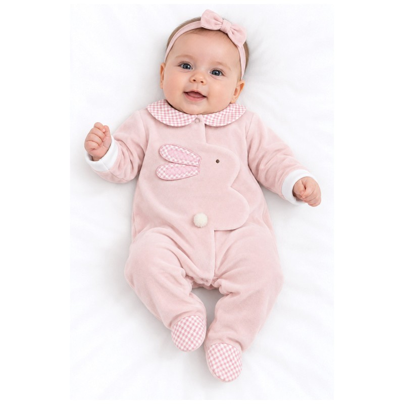 Tutina neonata in ciniglia rosa con colletto check e piedini incorporati