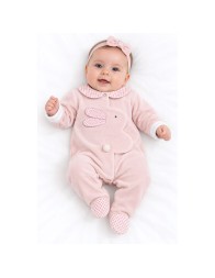 Tutina neonata in ciniglia rosa con colletto check e piedini incorporati