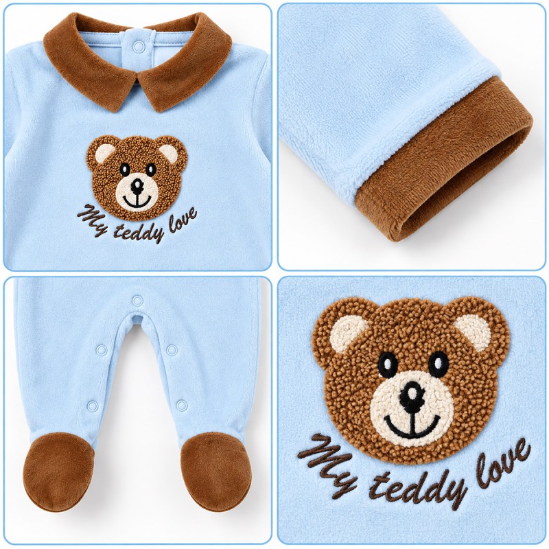 Baby velour sleepsuit in light blue, close-up of teddy bear and My teddy love lettering