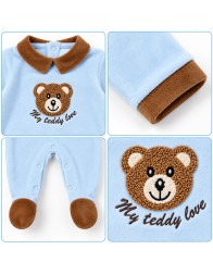 Baby velour sleepsuit in light blue, close-up of teddy bear and My teddy love lettering
