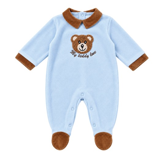 Tutina neonato in ciniglia celeste con orsetto teddy, colletto e piedini marroni