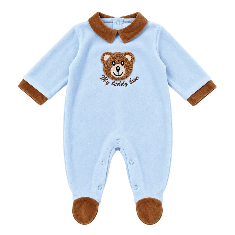 Baby velour sleepsuit in light blue with teddy bear, brown collar and integrated feet