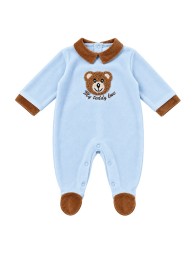 Baby velour sleepsuit in light blue with teddy bear, brown collar and integrated feet