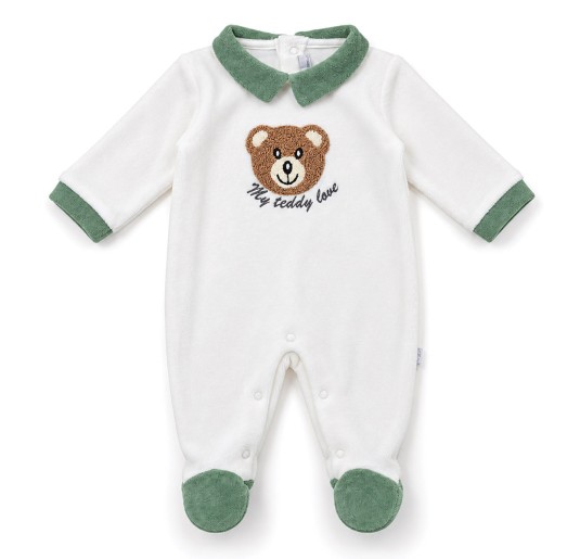 White chenille baby romper with teddy bear, sage green collar and integrated feet