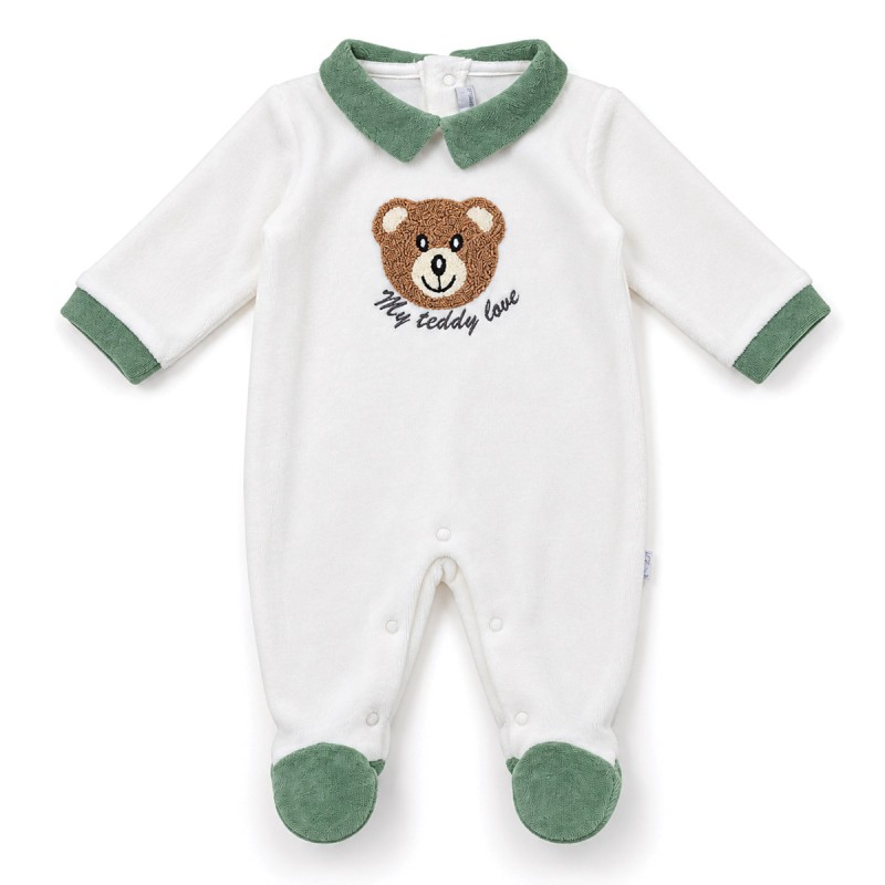 White chenille baby romper with teddy bear, sage green collar and integrated feet