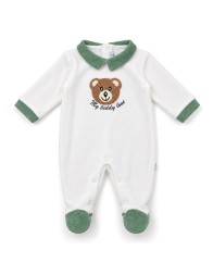 White chenille baby romper with teddy bear, sage green collar and integrated feet