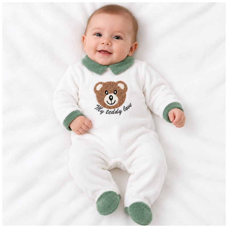 White chenille baby romper with integrated feet worn by a baby