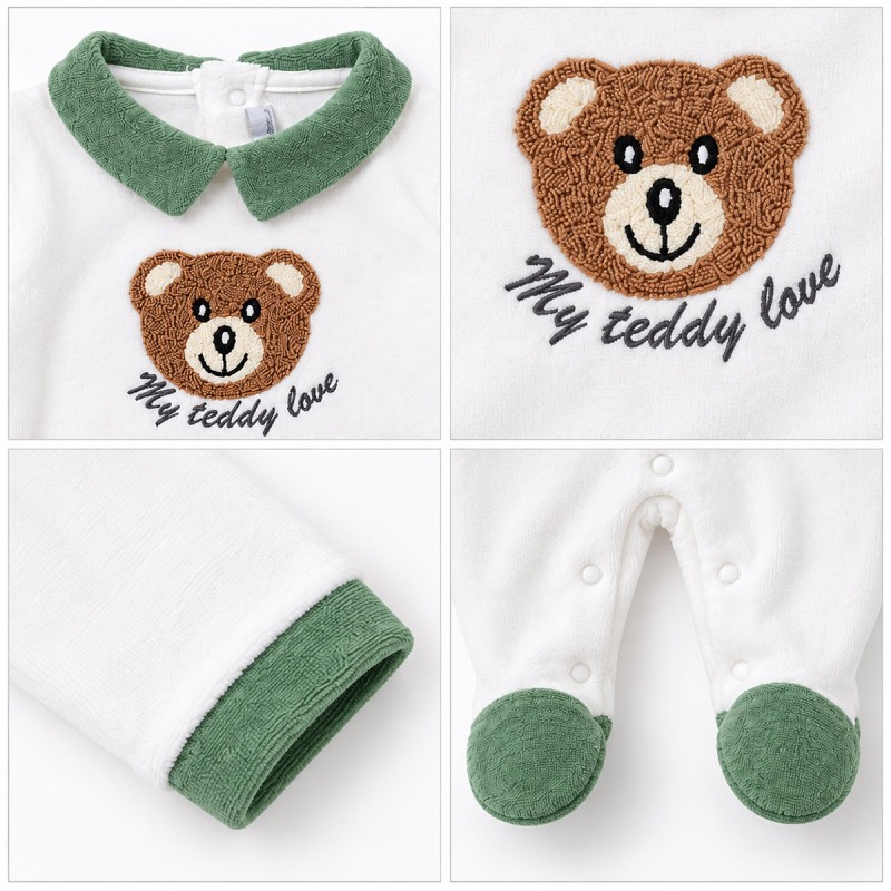 White chenille baby romper with teddy bear appliqué and My teddy love wording