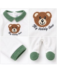 White chenille baby romper with teddy bear appliqué and My teddy love wording