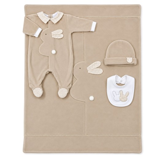 Newborn chenille layette LCH9250A26 with matching sleepsuit, blanket, hat and bib
