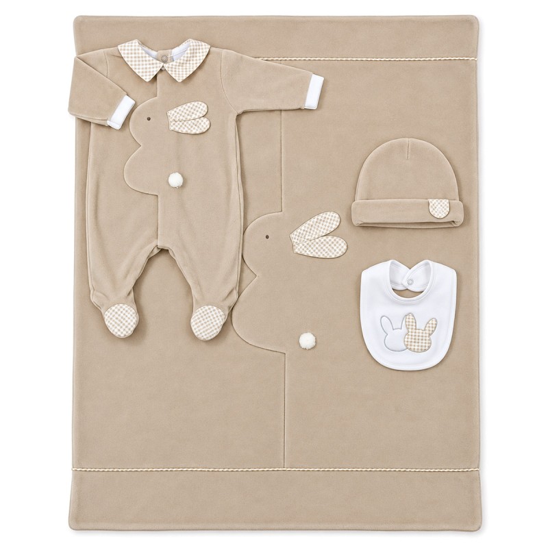 Newborn chenille layette LCH9250A26 with matching sleepsuit, blanket, hat and bib