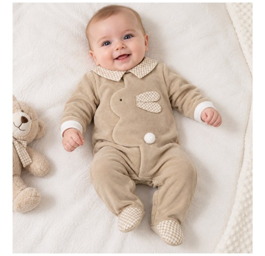 Baby Velour Romper with Central Bunny Appliqué - TU9250BG... 2