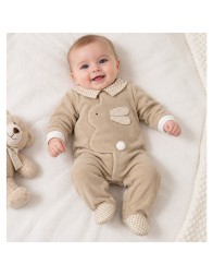 Baby Velour Romper with Central Bunny Appliqué - TU9250BG - Le Chicche