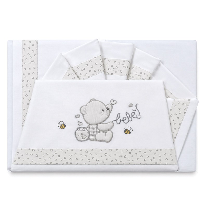 Cot baby cot sheet set in cotton with embroidered teddy bear on the flat sheet