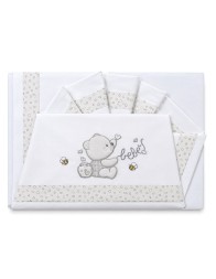 Cot baby cot sheet set in cotton with embroidered teddy bear on the flat sheet