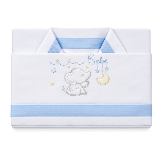 Cot sheet set La Fatina LL8000 in white with embroidered elephant, moon, stars and light blue trim
