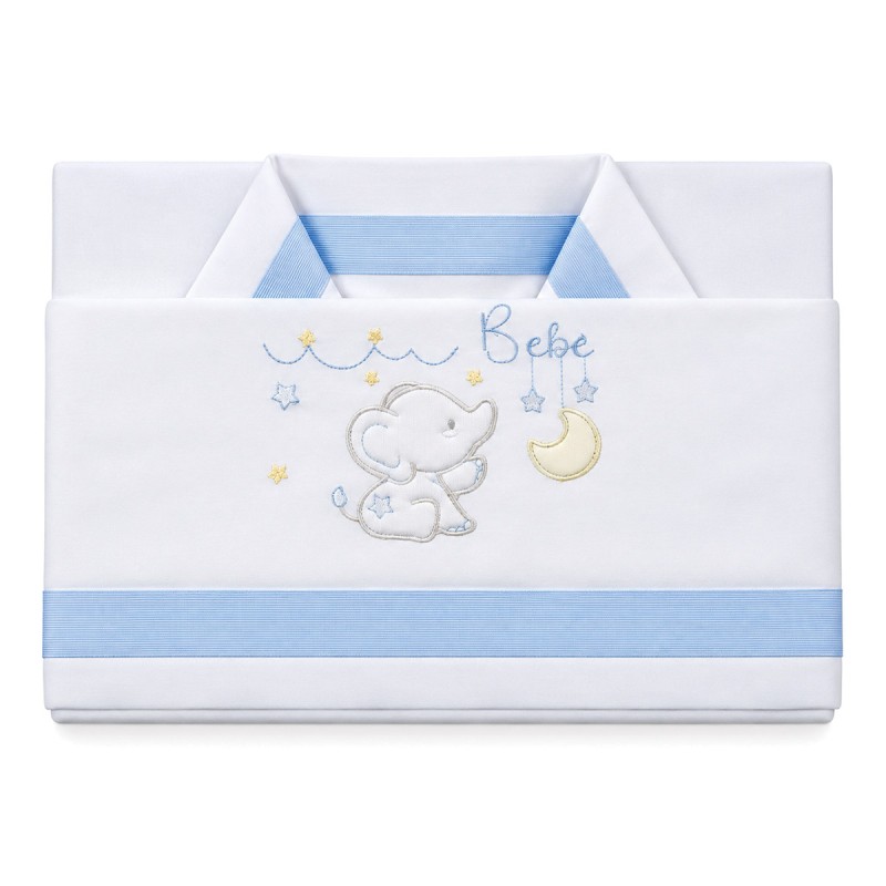 Cot sheet set La Fatina LL8000 in white with embroidered elephant, moon, stars and light blue trim