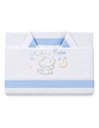 Cot sheet set La Fatina LL8000 in white with embroidered elephant, moon, stars and light blue trim