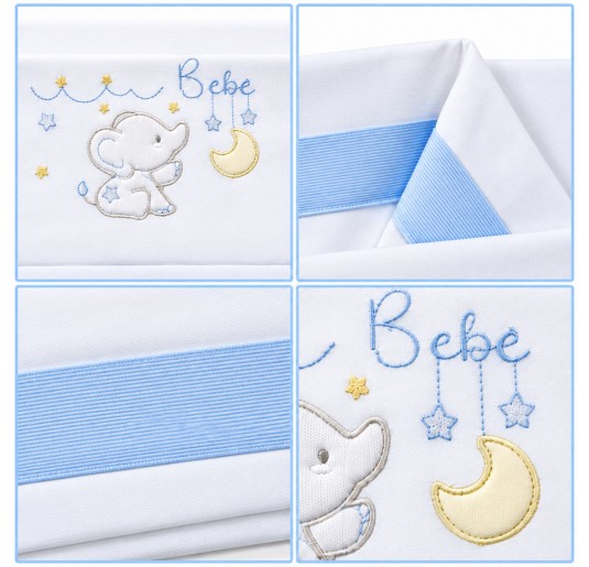 Set lenzuola per culla lettino La Fatina LL8000 in bianco con elefantino ricamato, luna, stelle e bordo azzurro 2
