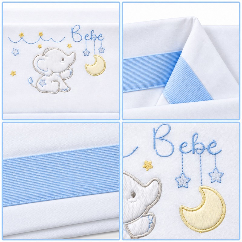 Cot sheet set La Fatina LL8000 folded with embroidered elephant and light blue decorative details
