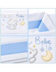 Cot sheet set La Fatina LL8000 folded with embroidered elephant and light blue decorative details