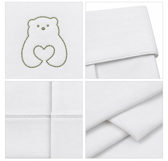 Embroidered baby sheet set for crib and carrycot by Coccodè Firenze with sage green teddy bear 2