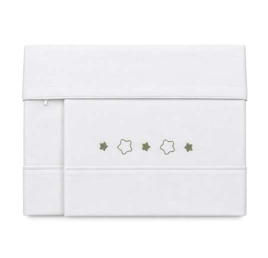 Baby sheet set for crib and carrycot by Coccodè Firenze with sage green embroidered stars