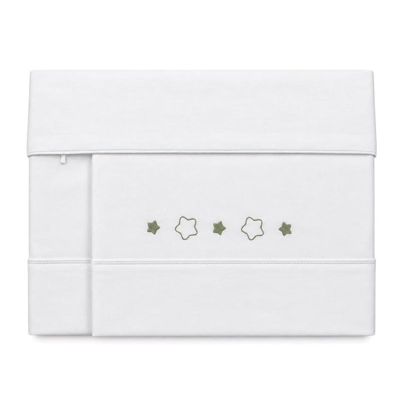 Baby sheet set for crib and carrycot by Coccodè Firenze with sage green embroidered stars