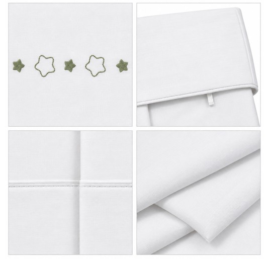 Baby sheet set for crib and carrycot by Coccodè Firenze with sage green embroidered stars 2