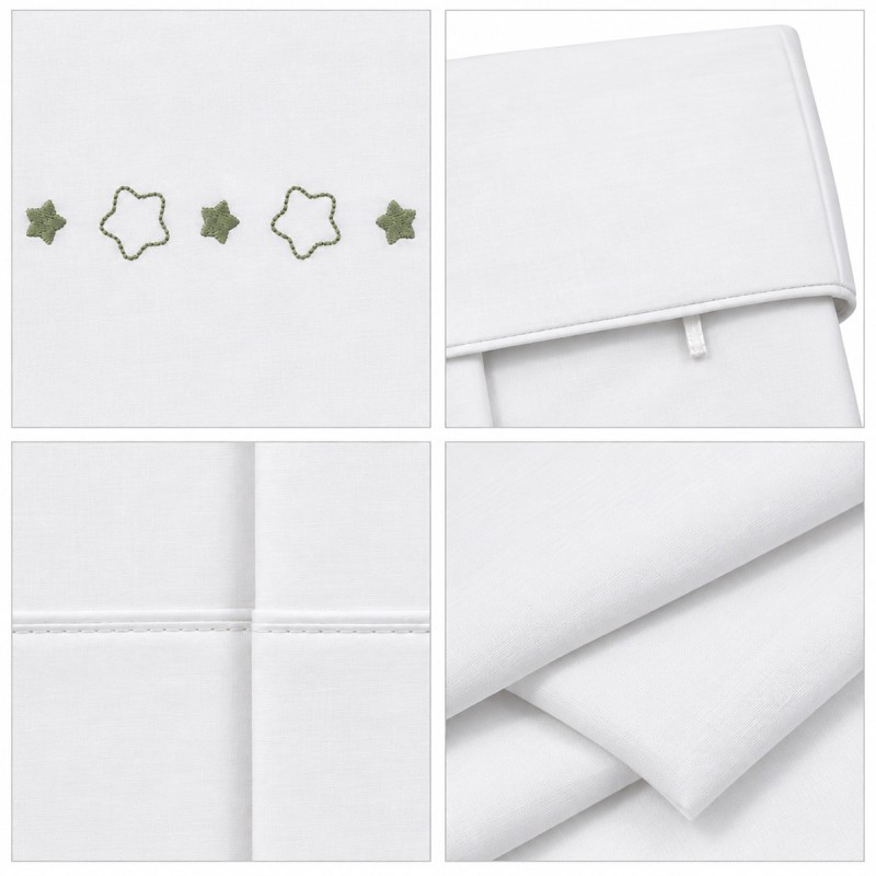 Embroidered baby sheet set for crib and carrycot with five sage green stars