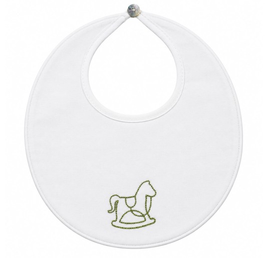 Bavaglino neonato in cotone twill bianco con cavallino a dondolo ricamato verde salvia