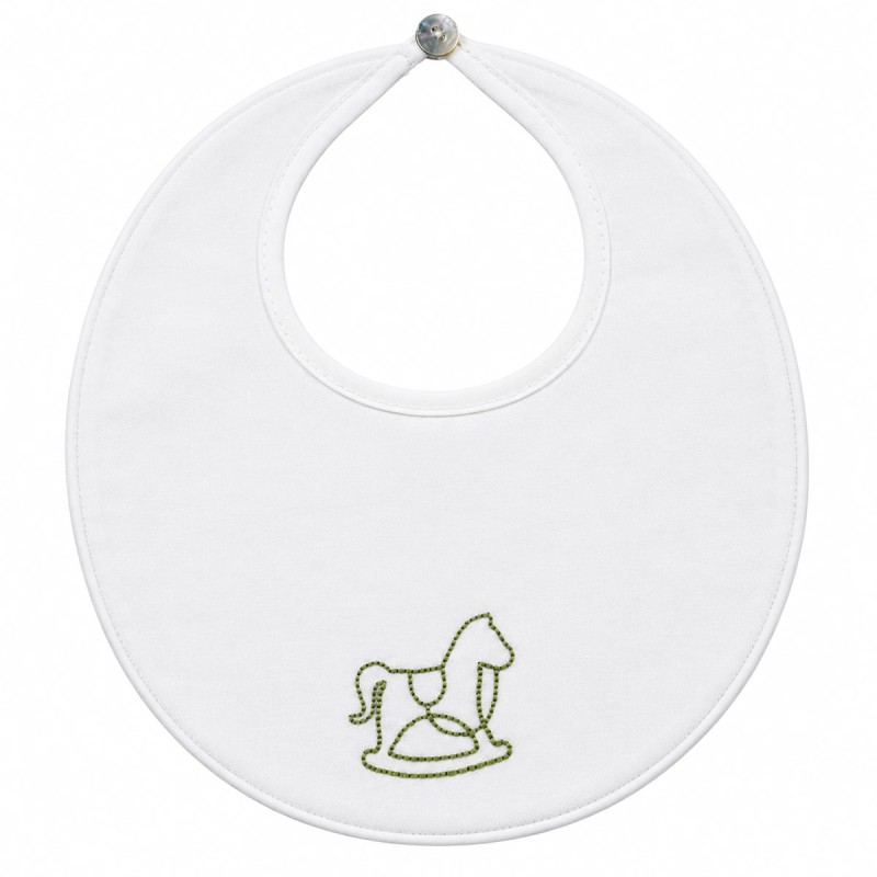 Bavaglino neonato in cotone twill bianco con cavallino a dondolo ricamato verde salvia