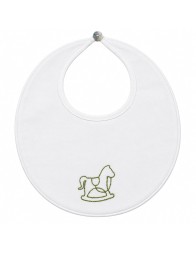 Newborn baby bib in white cotton twill with sage green embroidered rocking horse