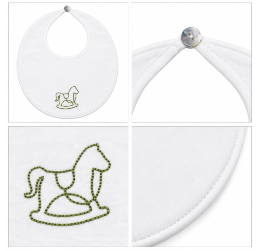 Newborn baby bib in white cotton twill with sage green embroidered rocking horse 2