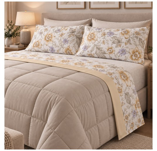 Ilda Gabel double bed flannel sheet set with floral pattern on a light background, photographed from above