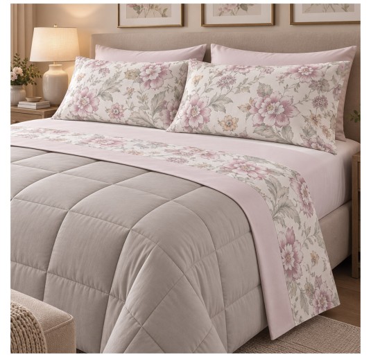 Ilda Gabel double bed flannel sheet set with floral pattern on a light background, photographed from above 2