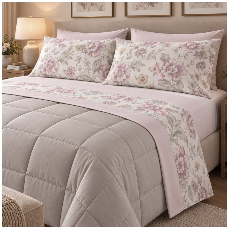 Ilda Gabel double bed flannel sheet set in cotton with floral pattern and matching solid-colour border
