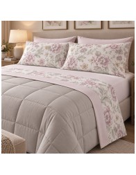 Ilda Gabel double bed flannel sheet set in cotton with floral pattern and matching solid-colour border
