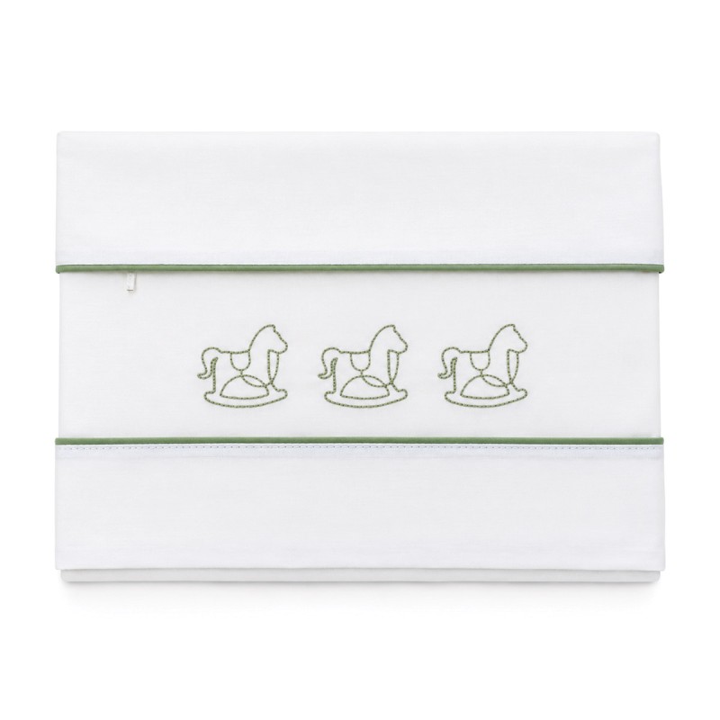 Cotton crib and pram sheet set in white with green rocking horse embroidery