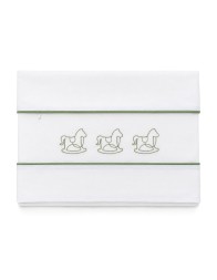 Cotton crib and pram sheet set in white with green rocking horse embroidery