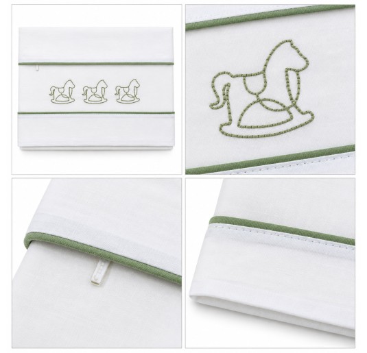 Cotton crib and pram sheet set in white with green rocking horse embroidery 2