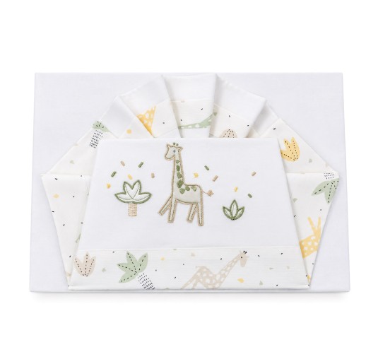 Cotton crib and pram sheet set with embroidered giraffe and botanical details