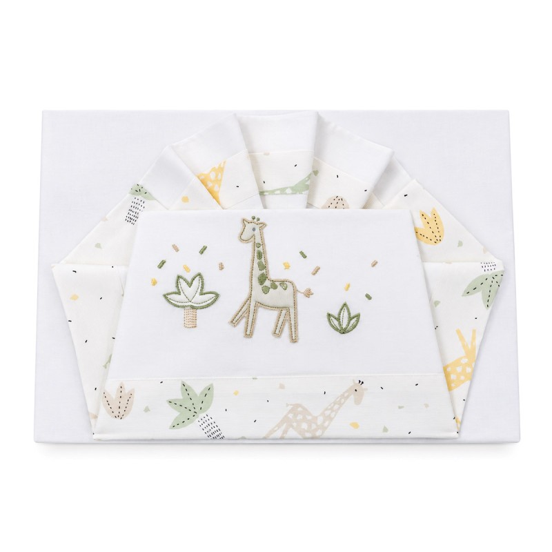 Cotton crib and pram sheet set with embroidered giraffe and botanical details