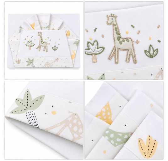 Cotton crib and pram sheet set with embroidered giraffe and botanical details 2
