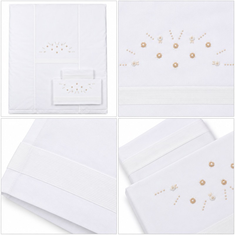 Embroidered crib pram sheet set with hand embroidery and pure cotton piqué bands